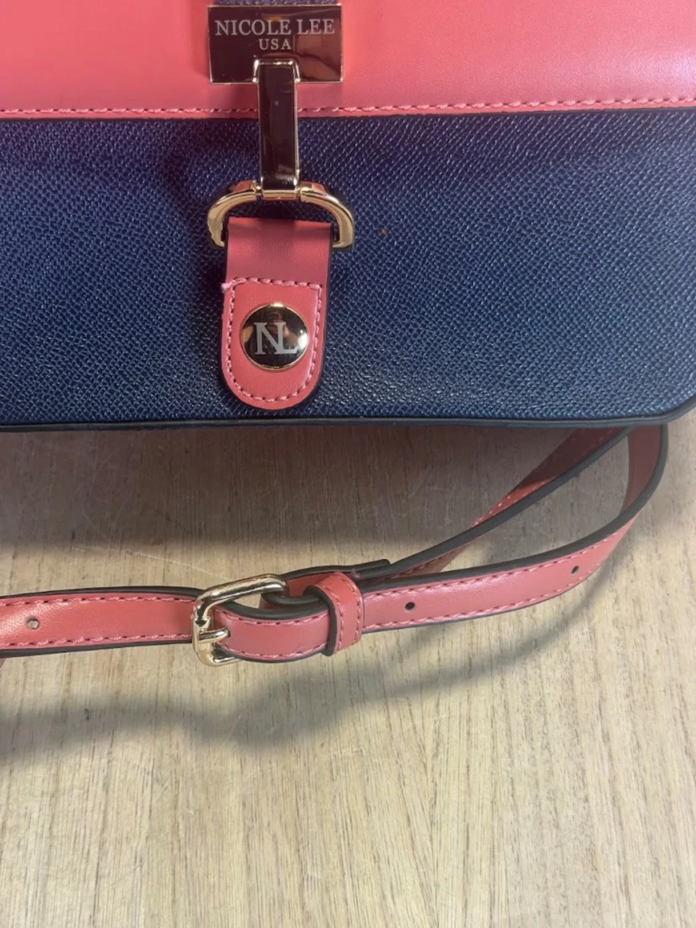 Nicole Lee USA Colorblock Satchel Handbag Navy Coral Pink Vegan Leather